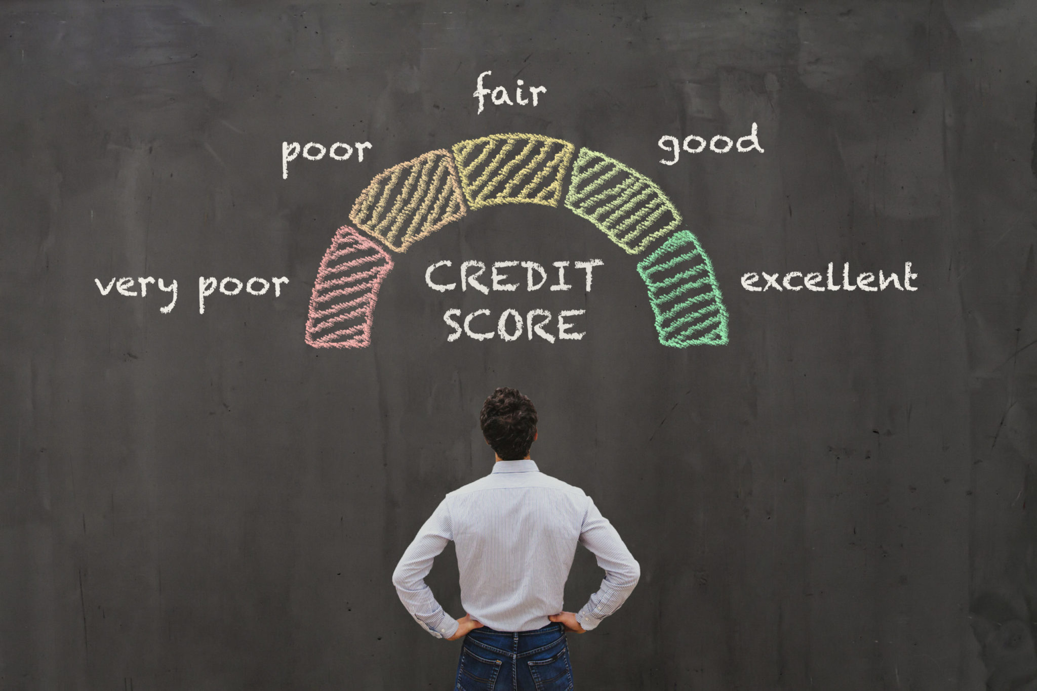 man standing in front of credit score chalk drawing