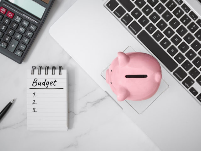 notebook and piggy bank on laptop